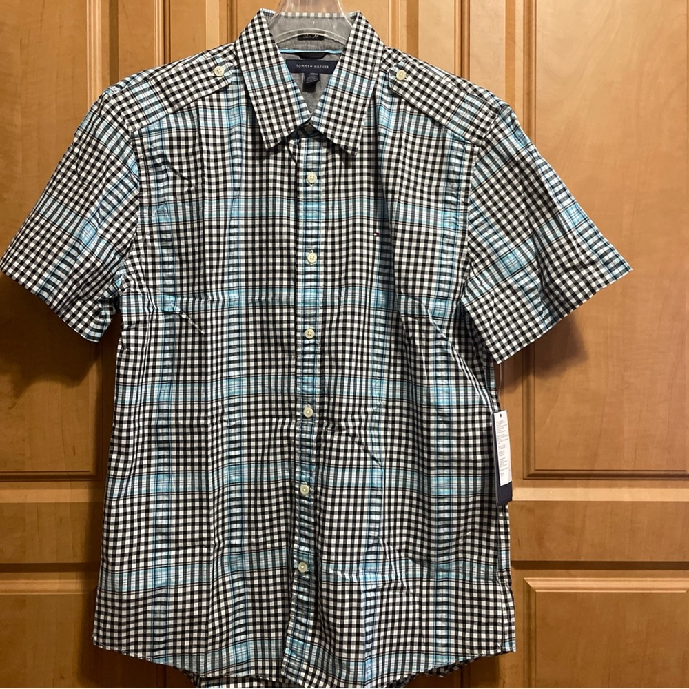 Tommy Hilfiger Black & Light Blue Checked Slim Fit Short-Sleeve Shirt MSRP $59